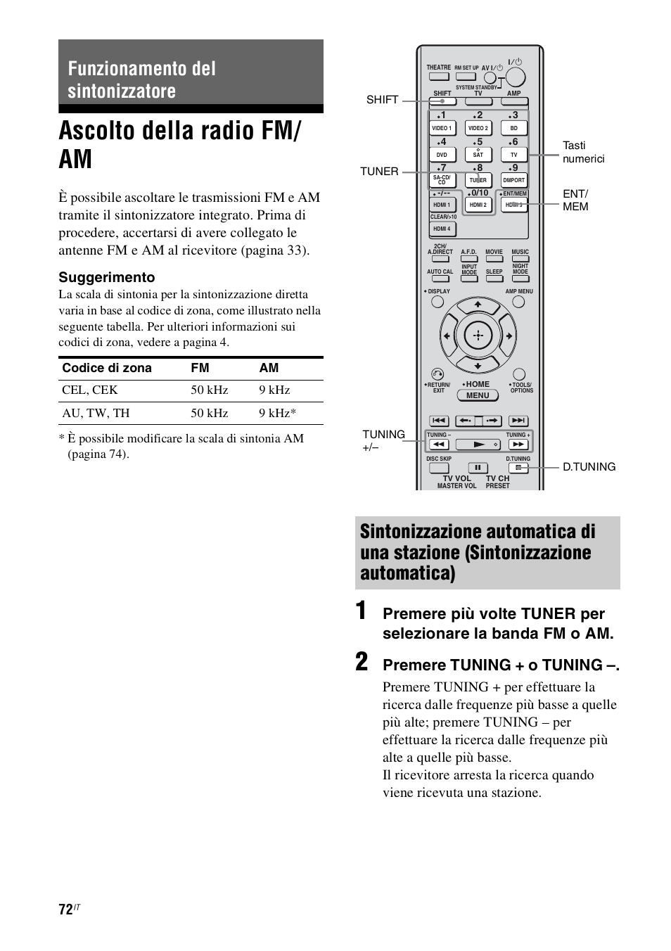 Funzionamento del sintonizzatore, Ascolto della radio fm/ am, Ascolto della radio fm/am | Premere tuning + o tuning | Sony STR-DH800 User Manual | Page 72 / 252