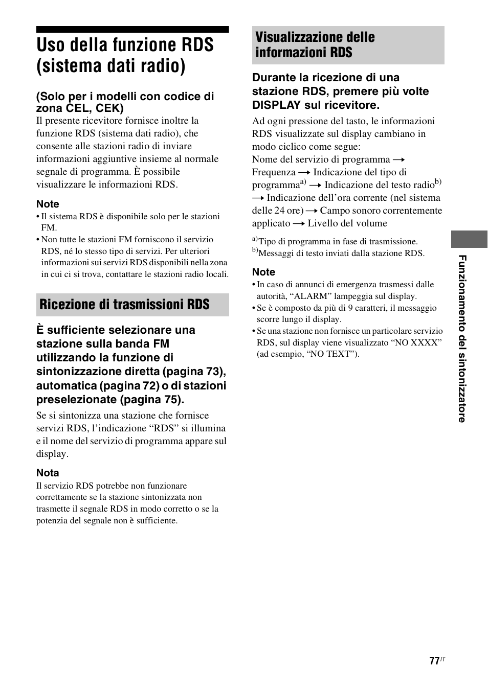 Uso della funzione rds (sistema dati radio), Uso della funzione rds, Cel, cek) | Sony STR-DH800 User Manual | Page 77 / 252