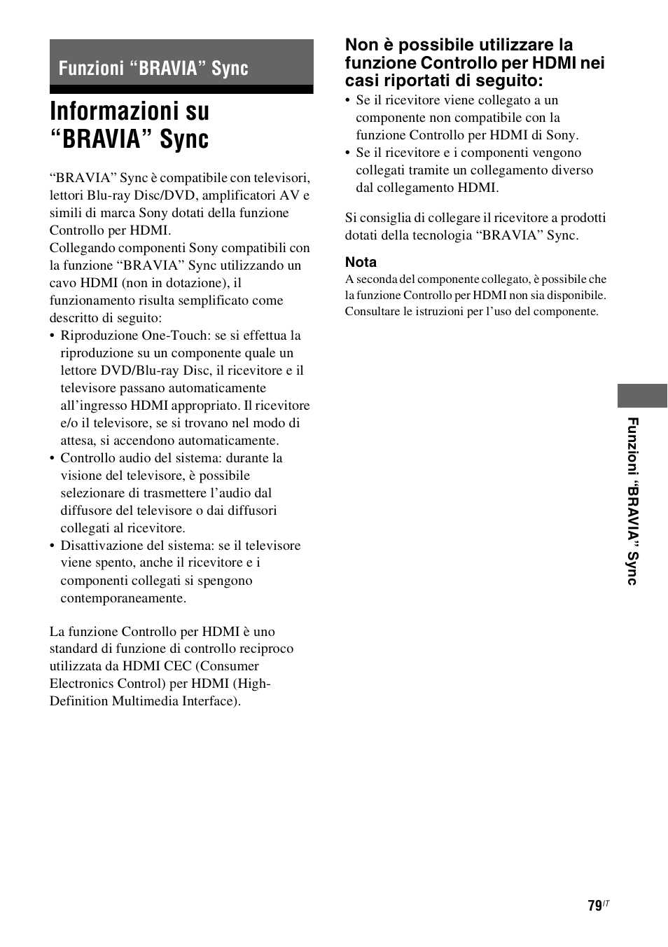 Funzioni “bravia” sync, Informazioni su “bravia” sync | Sony STR-DH800 User Manual | Page 79 / 252