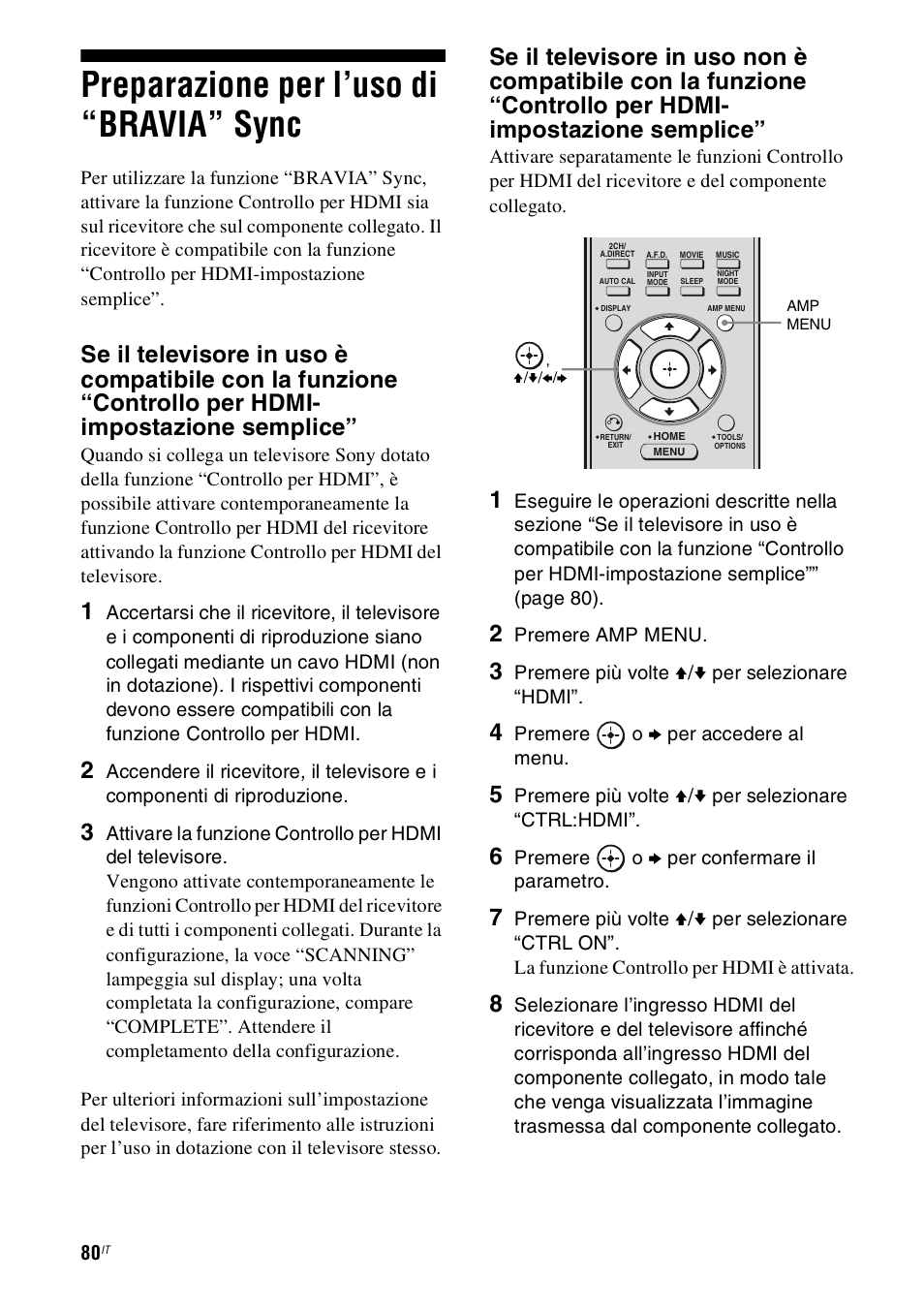 Preparazione per l’uso di “bravia” sync, Preparazione per l’uso di “bravia, Sync | Sony STR-DH800 User Manual | Page 80 / 252