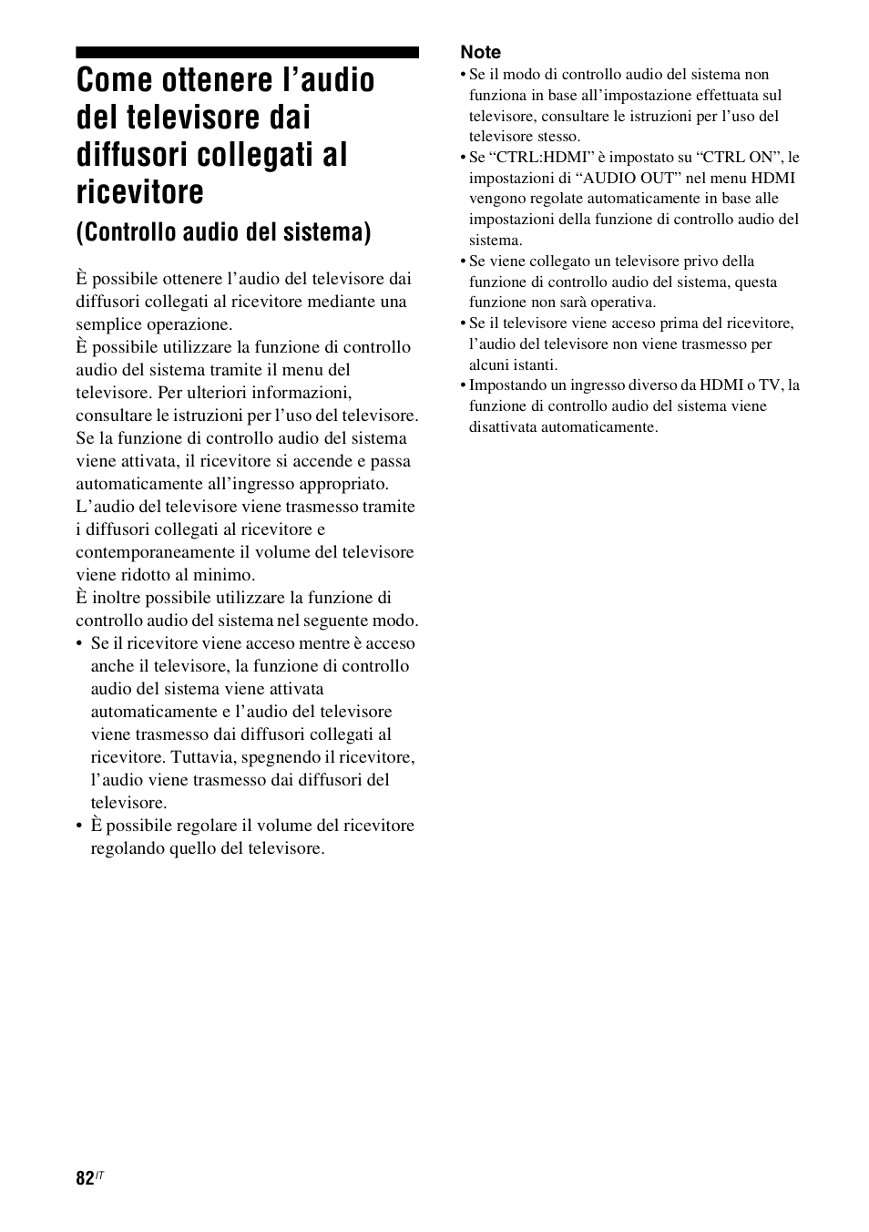 Come ottenere l’audio del televisore dai, Diffusori collegati al ricevitore, Controllo audio del sistema) | Sony STR-DH800 User Manual | Page 82 / 252