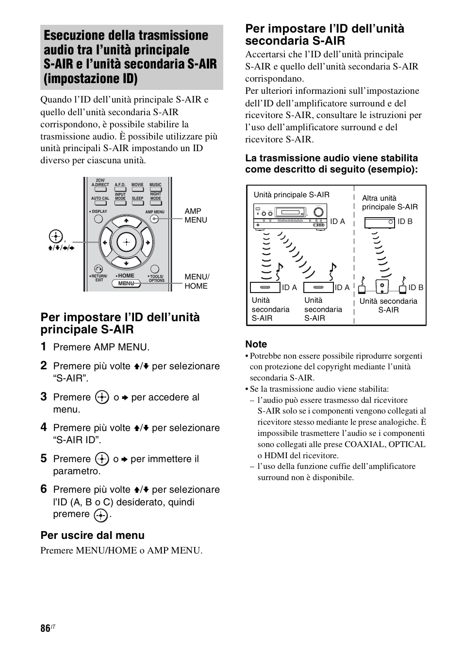 Per impostare l’id dell’unità principale s-air 1, Per impostare l’id dell’unità secondaria s-air, Per uscire dal menu | Premere amp menu, Premere più volte v/v per selezionare “s-air, Premere o b per accedere al menu, Premere più volte v/v per selezionare “s-air id, Premere o b per immettere il parametro, Premere menu/home o amp menu | Sony STR-DH800 User Manual | Page 86 / 252