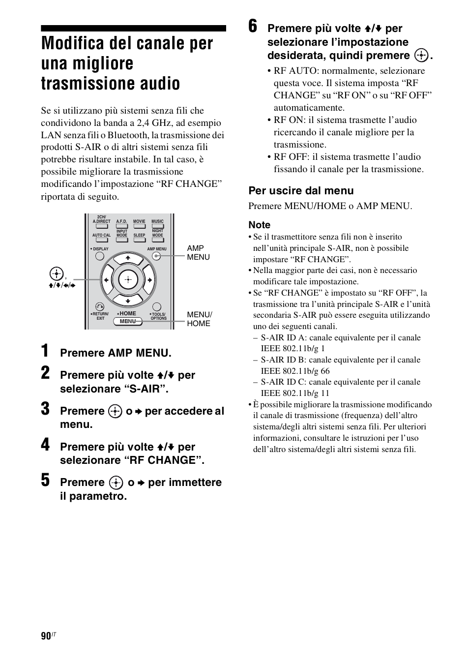 Modifica del canale per una migliore, Trasmissione audio, Premere amp menu | Premere più volte v / v per selezionare “s-air, Premere o b per accedere al menu, Premere più volte v / v per selezionare “rf change, Premere o b per immettere il parametro, Per uscire dal menu | Sony STR-DH800 User Manual | Page 90 / 252