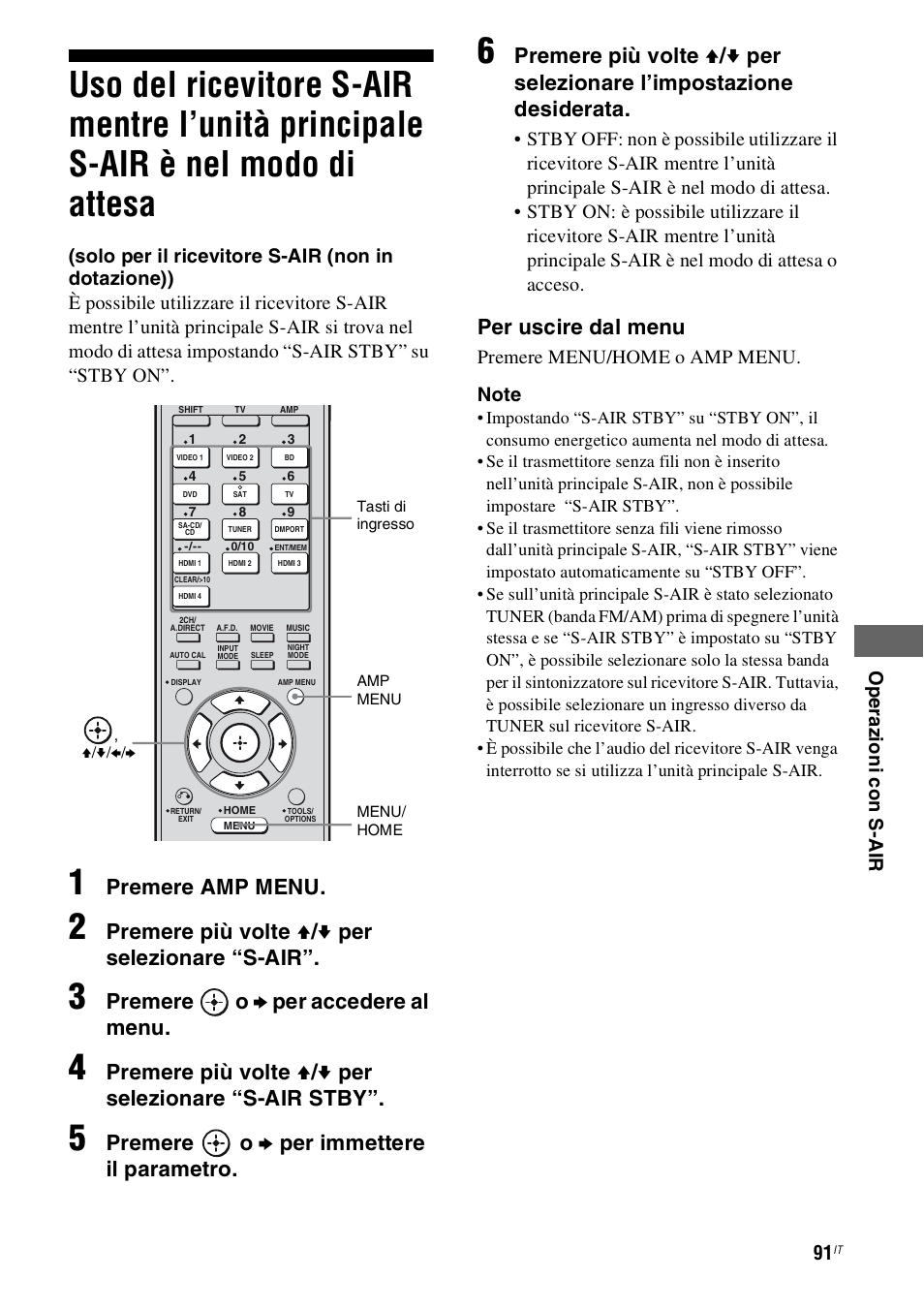 Uso del ricevitore s-air mentre l’unità, Principale s-air è nel modo di attesa, Premere amp menu | Premere più volte v / v per selezionare “s-air, Premere o b per accedere al menu, Premere o b per immettere il parametro, Per uscire dal menu, Ope raz ioni con s- ai r | Sony STR-DH800 User Manual | Page 91 / 252