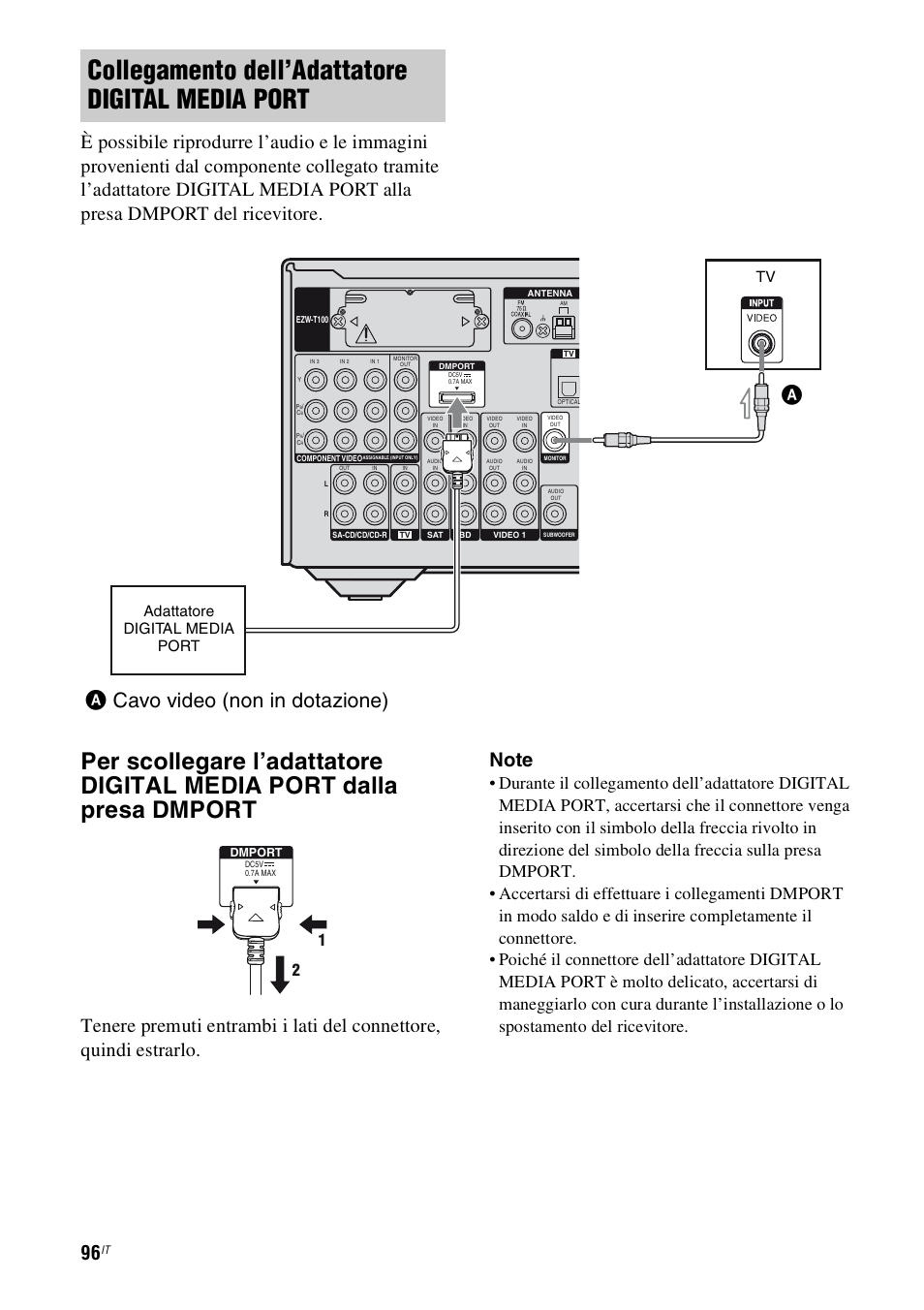Collegamento dell’adattatore digital media port, Acavo video (non in dotazione), Tv adattatore digital media port | Sony STR-DH800 User Manual | Page 96 / 252