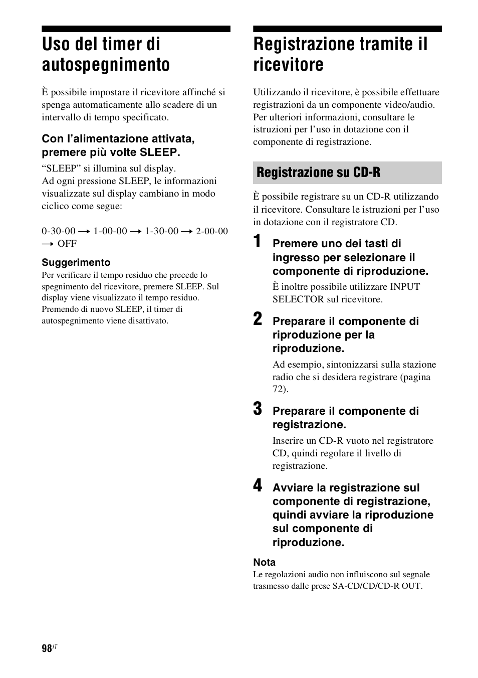 Uso del timer di autospegnimento, Registrazione tramite il ricevitore, Registrazione su cd-r | Sony STR-DH800 User Manual | Page 98 / 252