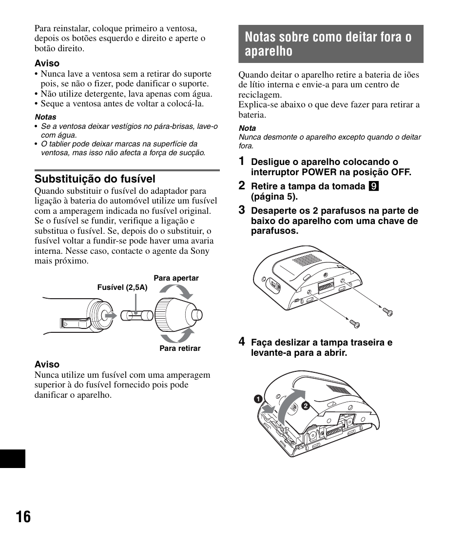 Substituição do fusível, Notas sobre como deitar fora o aparelho | Sony NV-U51F User Manual | Page 144 / 148