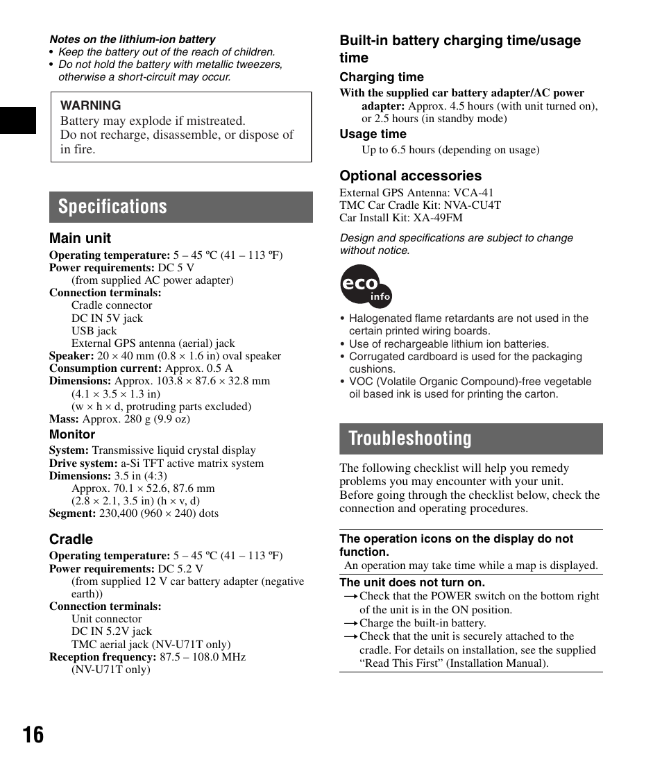 Specifications, Troubleshooting, Specifications troubleshooting | Sony NV-U51F User Manual | Page 16 / 148