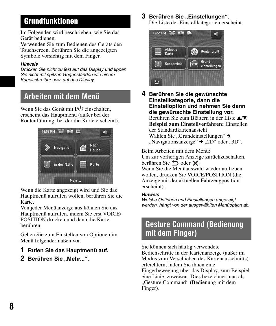 Grundfunktionen, Arbeiten mit dem menü, Gesture command (bedienung mit dem finger) | Arbeiten mit dem menü gesture command, Bedienung mit dem finger) | Sony NV-U51F User Manual | Page 24 / 148