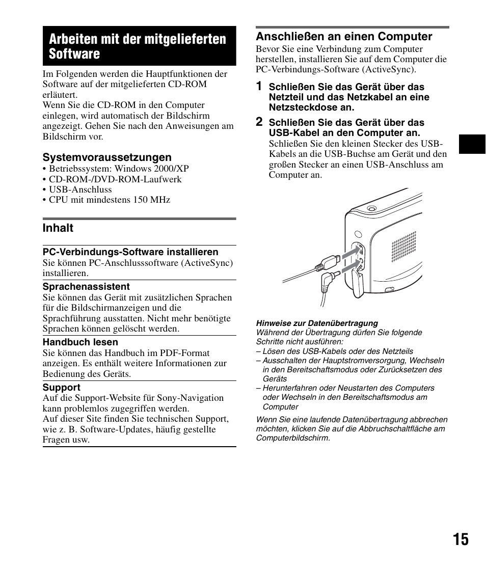 Arbeiten mit der mitgelieferten software, Inhalt, Anschließen an einen computer | Inhalt anschließen an einen computer | Sony NV-U51F User Manual | Page 31 / 148