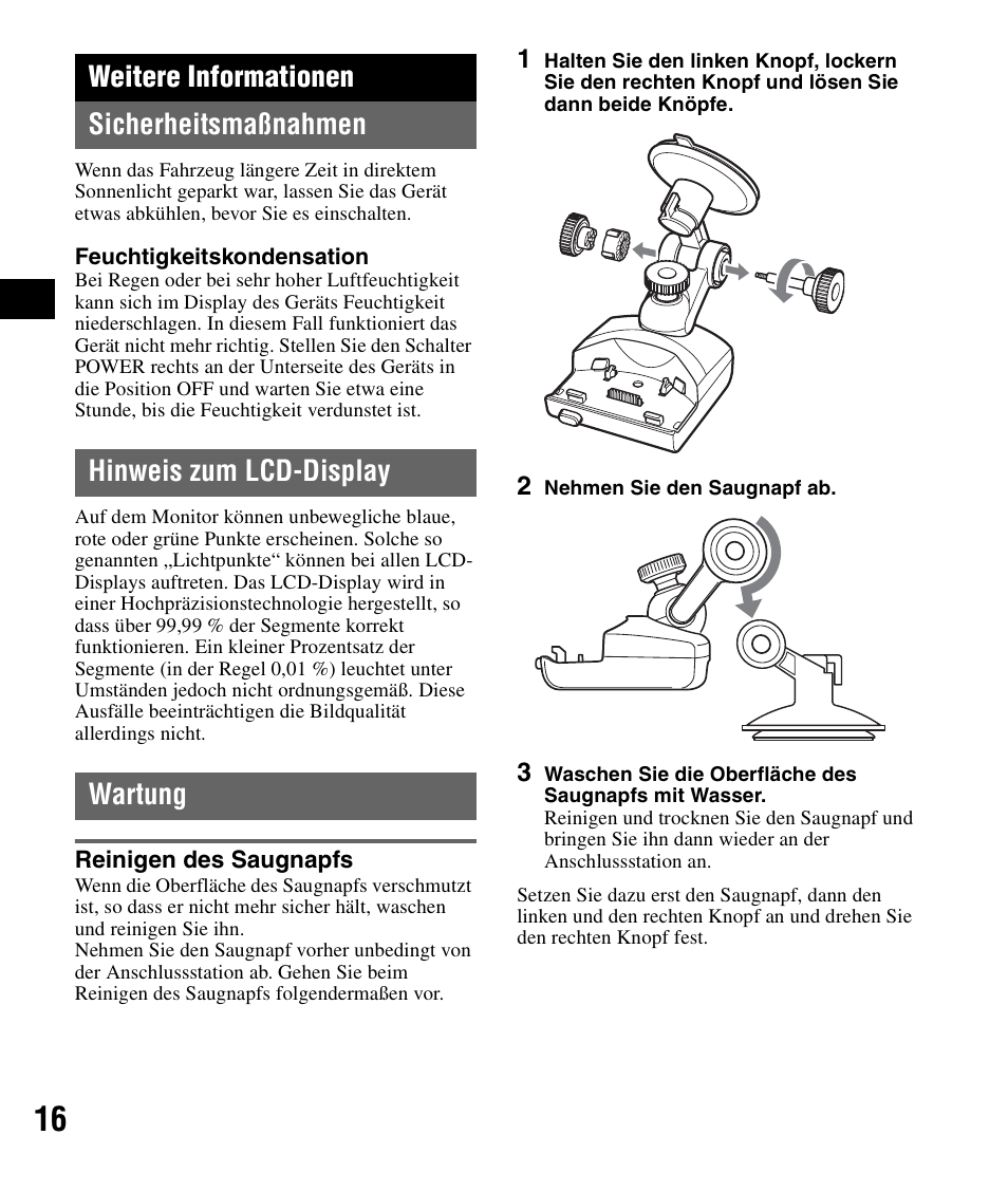 Weitere informationen, Sicherheitsmaßnahmen, Hinweis zum lcd-display | Wartung, Reinigen des saugnapfs, Weitere informationen sicherheitsmaßnahmen | Sony NV-U51F User Manual | Page 32 / 148