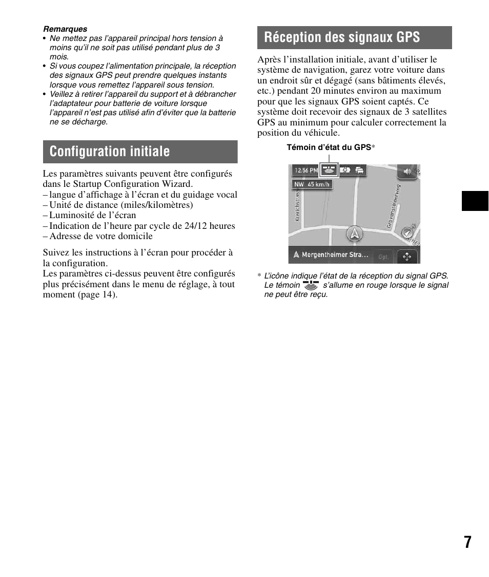 Configuration initiale, Réception des signaux gps, Configuration initiale réception des signaux gps | Sony NV-U51F User Manual | Page 43 / 148