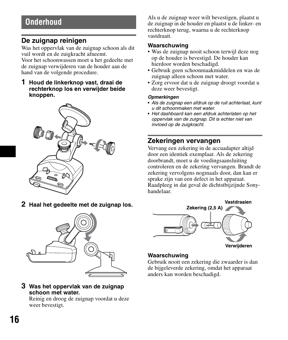 Onderhoud, De zuignap reinigen, Zekeringen vervangen | De zuignap reinigen zekeringen vervangen | Sony NV-U51F User Manual | Page 70 / 148