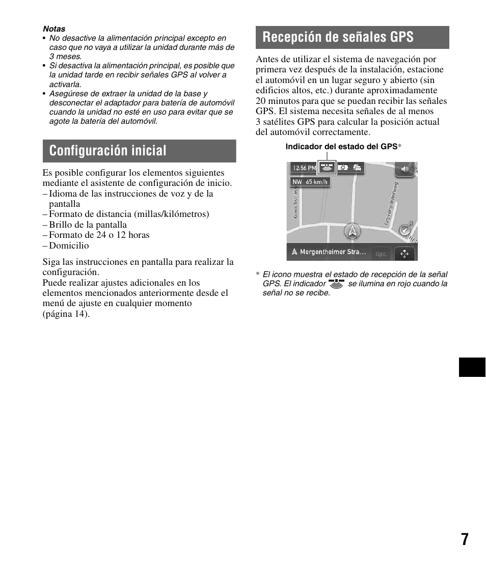 Configuración inicial, Recepción de señales gps, Configuración inicial recepción de señales gps | Sony NV-U51F User Manual | Page 99 / 148