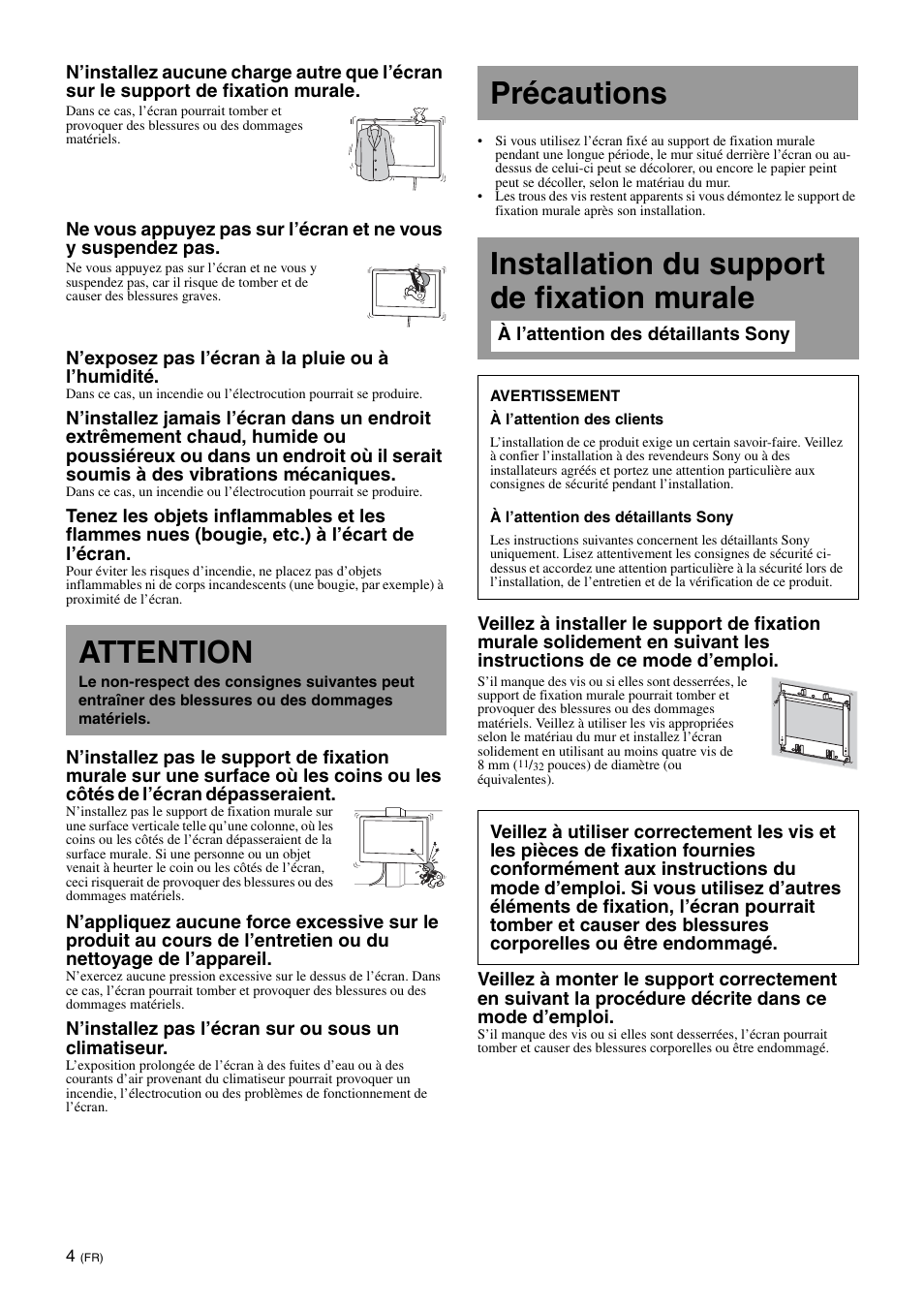 Attention, Précautions, Installation du support de fixation murale | Sony SU-WL700 User Manual | Page 10 / 68