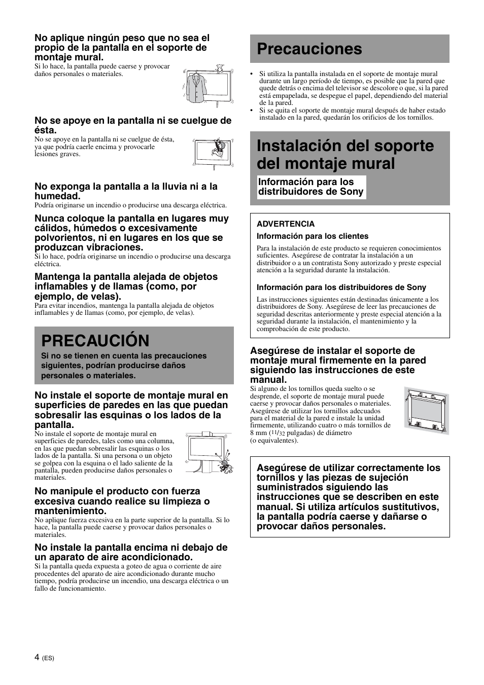 Precaución, Precauciones, Instalación del soporte del montaje mural | Sony SU-WL700 User Manual | Page 18 / 68