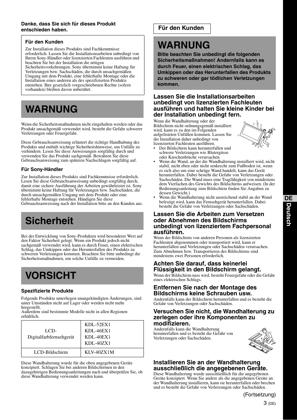 Warnung, Sicherheit, Vorsicht | Warnung sicherheit vorsicht | Sony SU-WL700 User Manual | Page 25 / 68