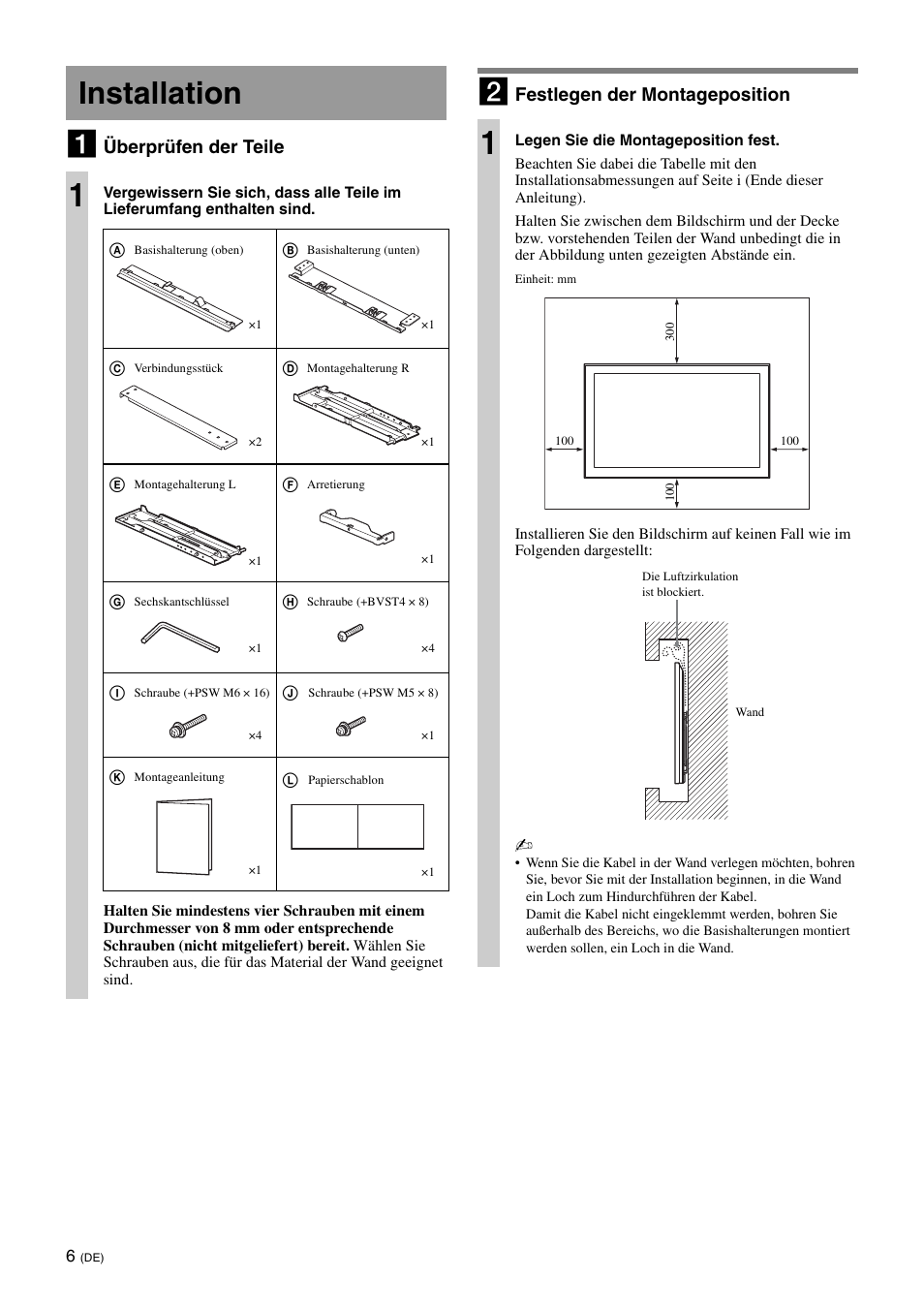 Installation, Installation 1, Überprüfen der teile | Festlegen der montageposition | Sony SU-WL700 User Manual | Page 28 / 68