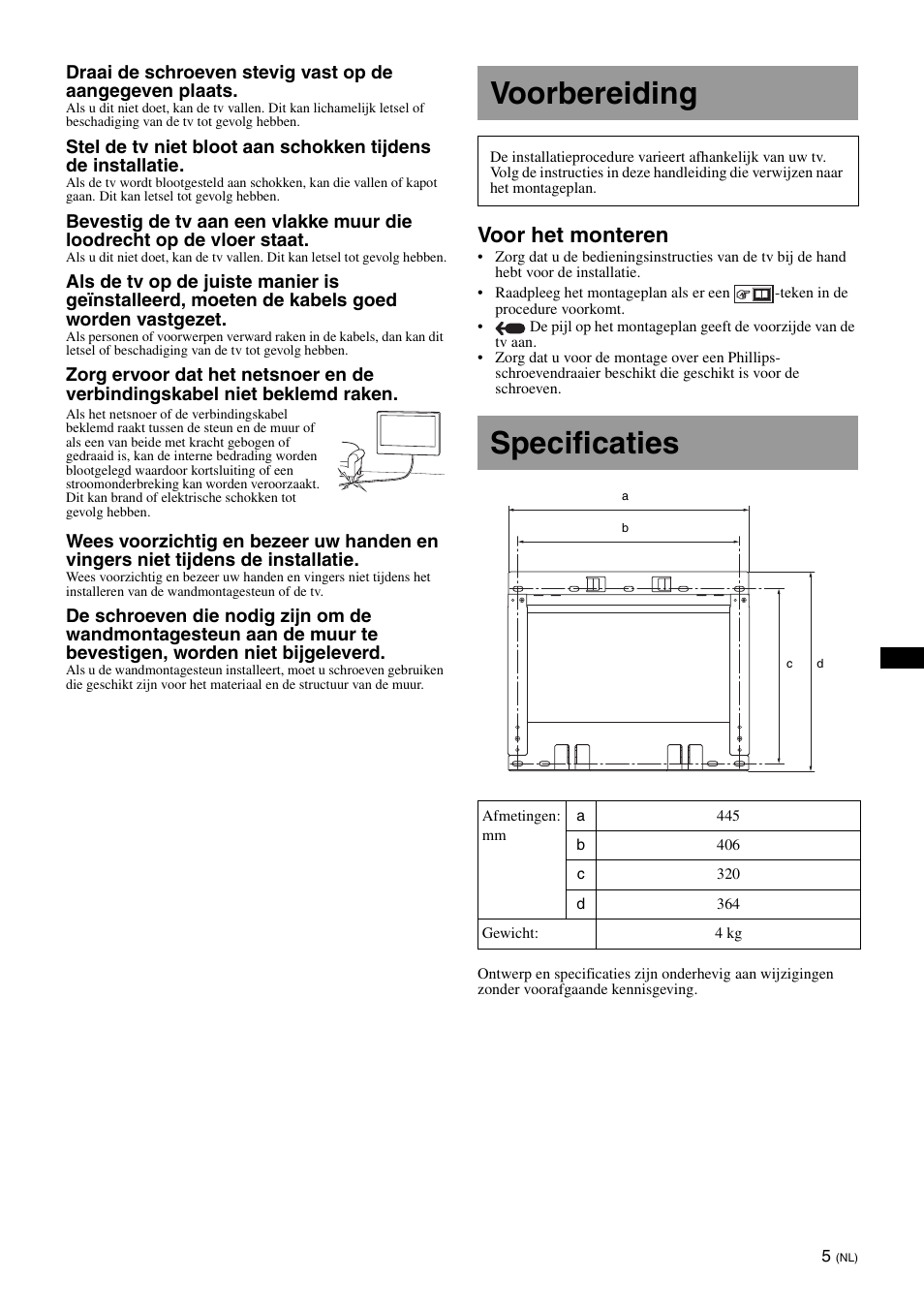 Voorbereiding, Specificaties, Voor het monteren | Sony SU-WL700 User Manual | Page 35 / 68