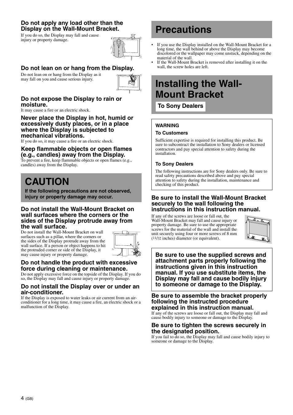 Caution, Precautions, Installing the wall-mount bracket | Precautions installing the wall- mount bracket | Sony SU-WL700 User Manual | Page 4 / 68