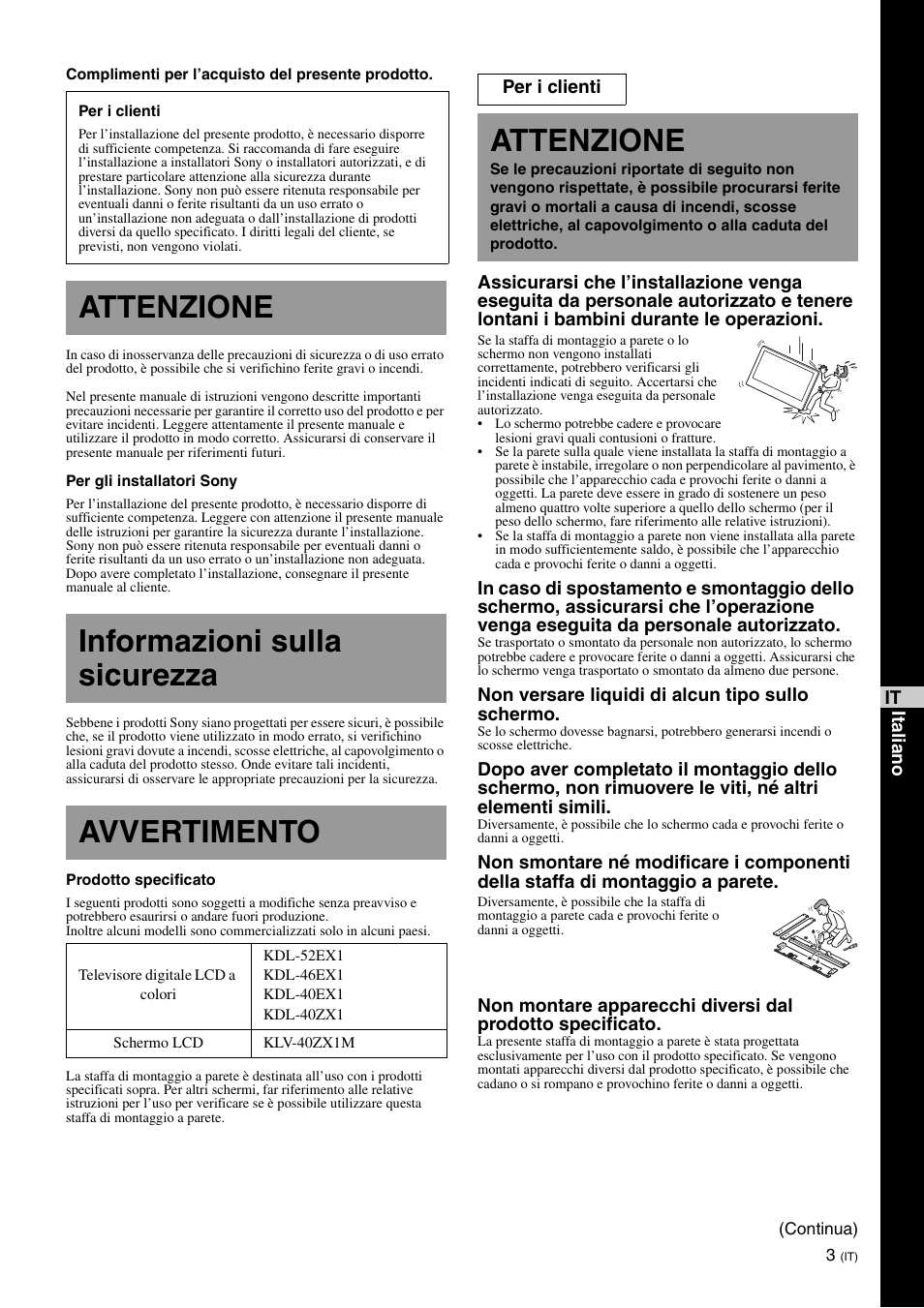 Attenzione, Informazioni sulla sicurezza, Avvertimento | Sony SU-WL700 User Manual | Page 41 / 68