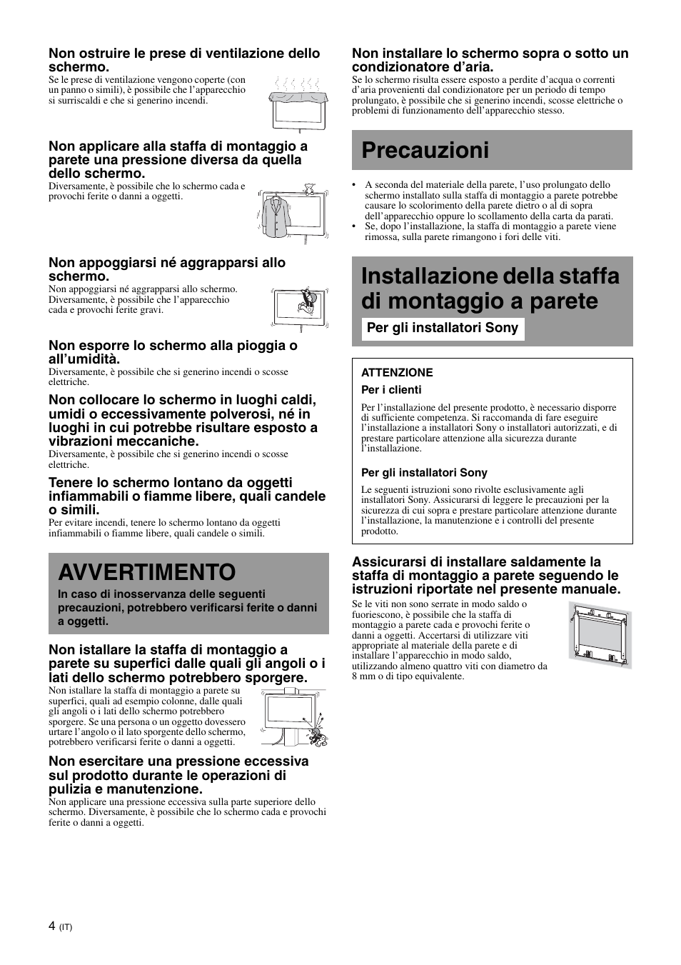 Avvertimento, Precauzioni, Installazione della staffa di montaggio a parete | Sony SU-WL700 User Manual | Page 42 / 68