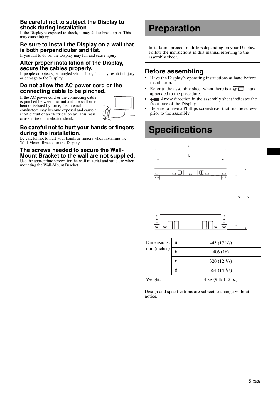 Preparation, Specifications, Before assembling | Sony SU-WL700 User Manual | Page 5 / 68