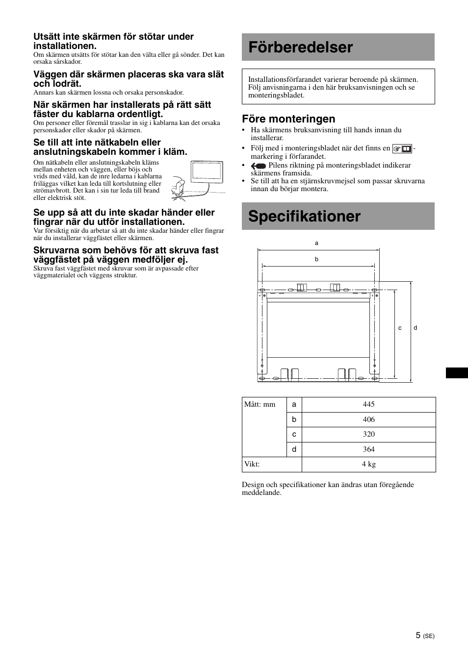 Förberedelser, Specifikationer, Före monteringen | Sony SU-WL700 User Manual | Page 51 / 68