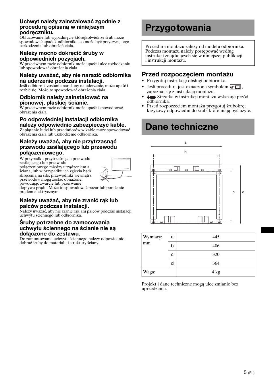 Przygotowania, Dane techniczne, Przed rozpoczęciem montażu | Sony SU-WL700 User Manual | Page 59 / 68