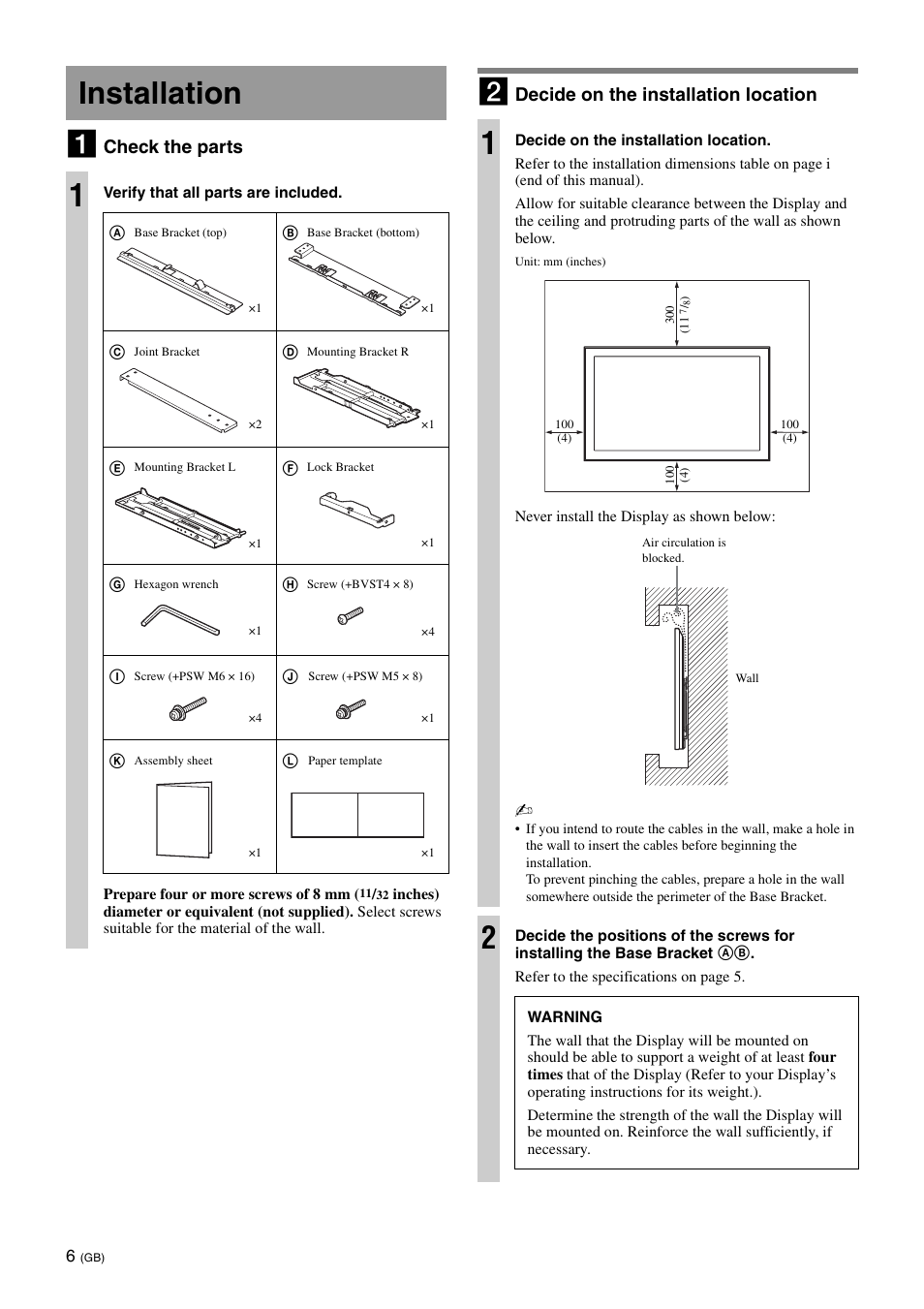 Installation, Installation 1, Check the parts | Decide on the installation location | Sony SU-WL700 User Manual | Page 6 / 68