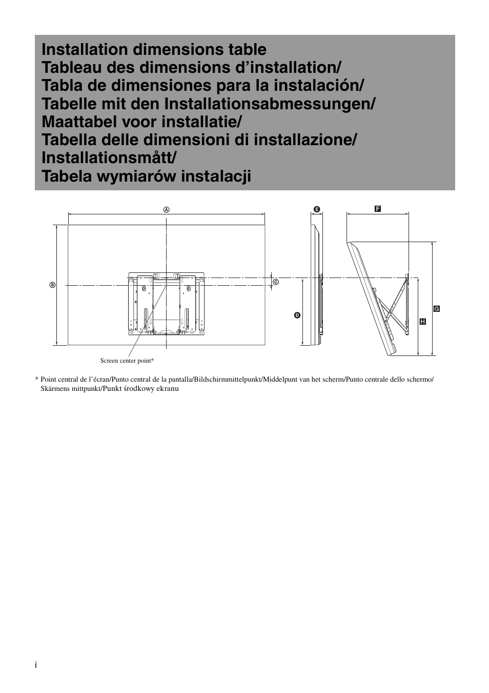 Installation dimensions table | Sony SU-WL700 User Manual | Page 66 / 68