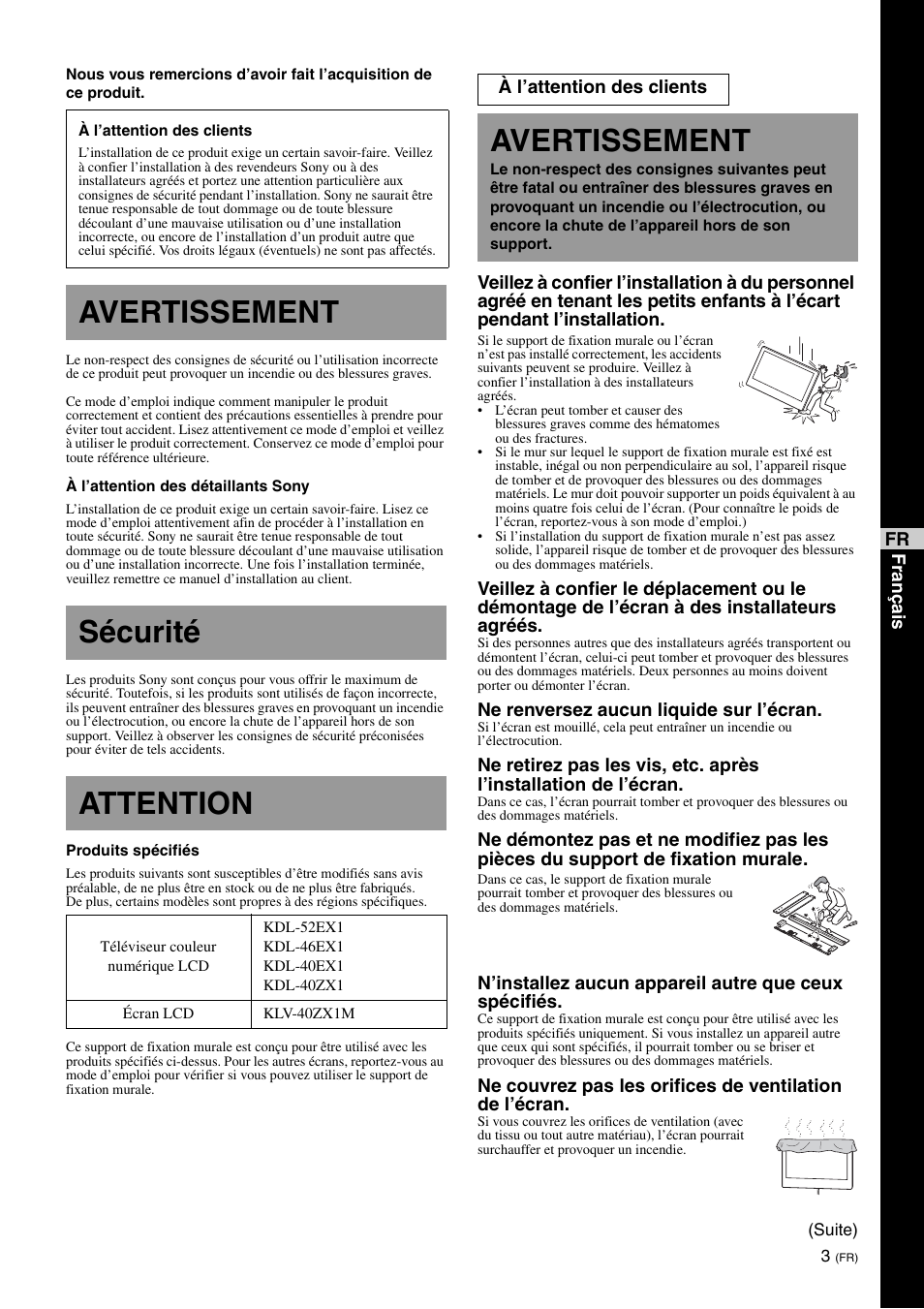 Avertissement, Sécurité, Attention | Avertissement sécurité attention | Sony SU-WL700 User Manual | Page 9 / 68