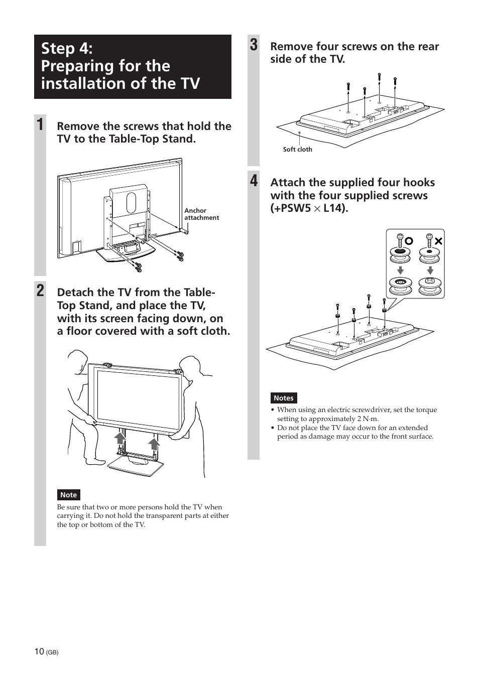 Step 4: preparing for the installation of the tv, Step 4: preparing for the installation of the tv 1 | Sony SU-PW3M User Manual | Page 10 / 116