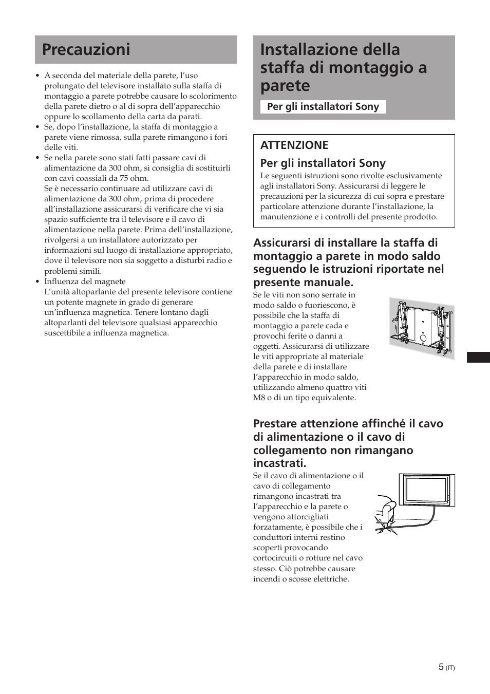 Installazione della staffa di montaggio a parete, Precauzioni | Sony SU-PW3M User Manual | Page 101 / 116