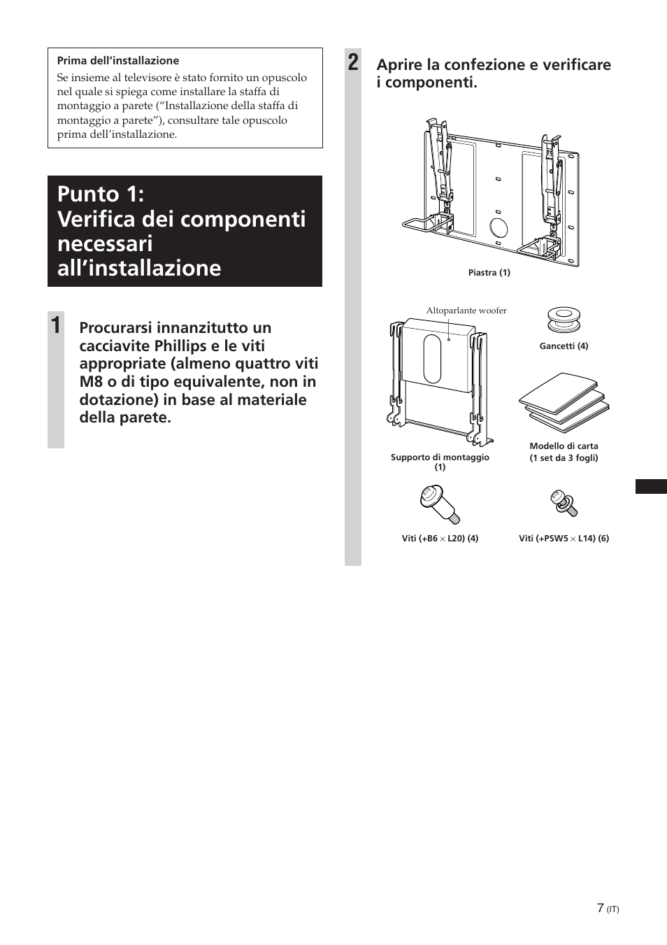 Aprire la confezione e verificare i componenti | Sony SU-PW3M User Manual | Page 103 / 116