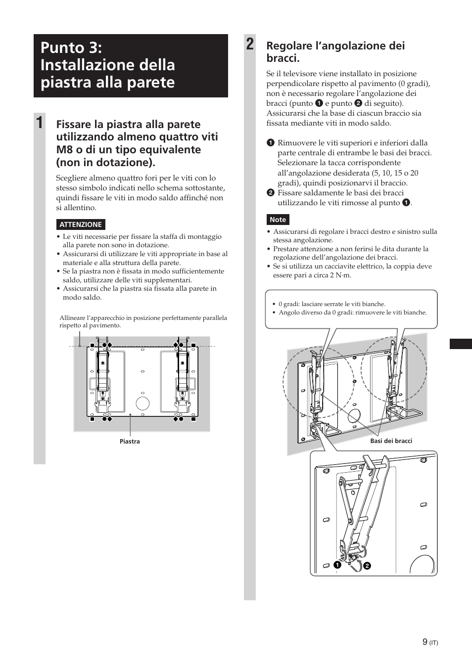 Punto 3: installazione della piastra alla parete, Punto 3: installazione della piastra alla parete 1, Regolare l’angolazione dei bracci | Sony SU-PW3M User Manual | Page 105 / 116