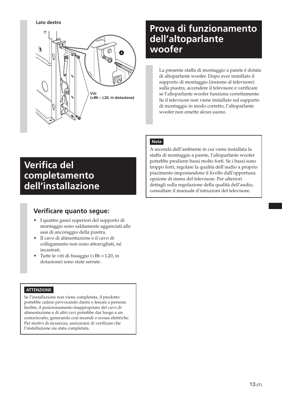 Verifica del completamento dell’installazione, Prova di funzionamento dell’altoparlante woofer, Verificare quanto segue | Sony SU-PW3M User Manual | Page 109 / 116