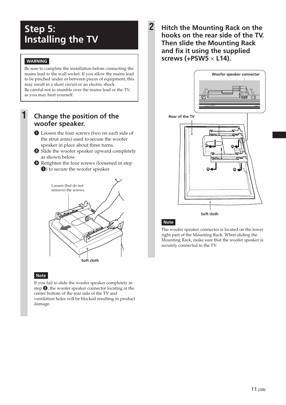 Step 5: installing the tv, Change the position of the woofer speaker | Sony SU-PW3M User Manual | Page 11 / 116