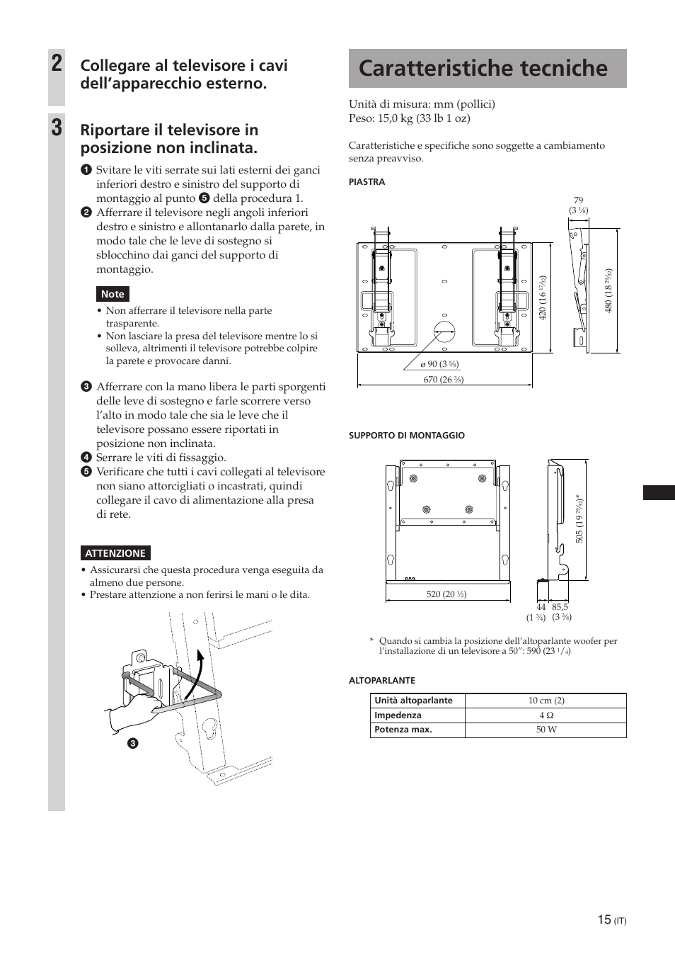 Caratteristiche tecniche, Riportare il televisore in posizione non inclinata | Sony SU-PW3M User Manual | Page 111 / 116