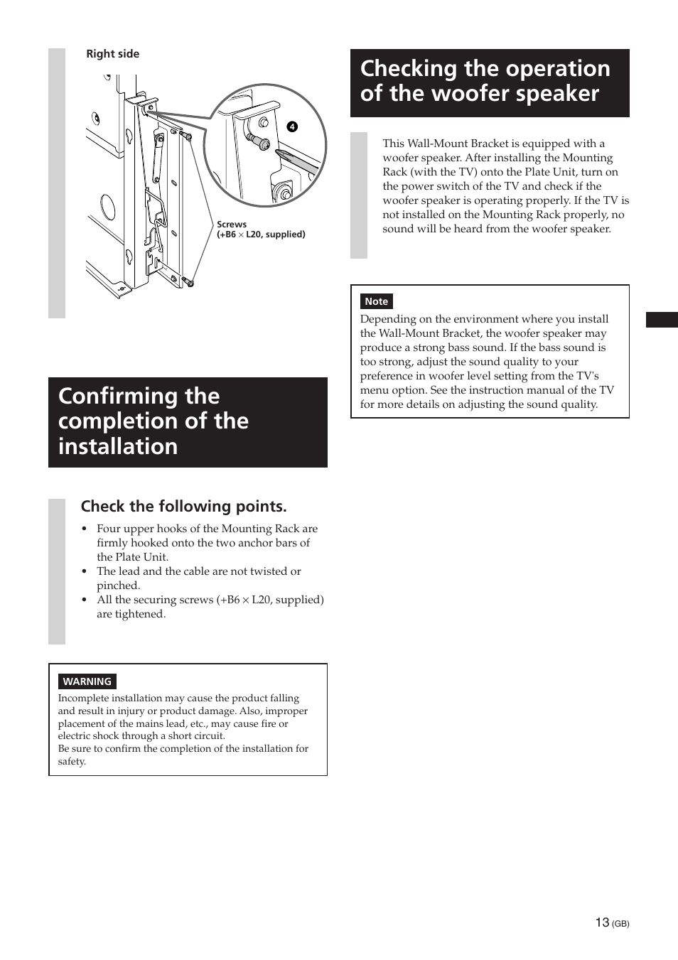 Confirming the completion of the installation, Checking the operation of the woofer speaker, Check the following points | Sony SU-PW3M User Manual | Page 13 / 116