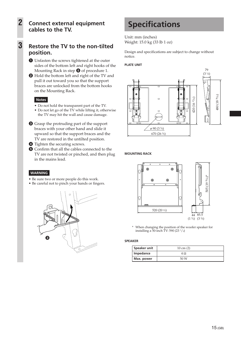 Specifications, Connect external equipment cables to the tv, Restore the tv to the non-tilted position | Sony SU-PW3M User Manual | Page 15 / 116