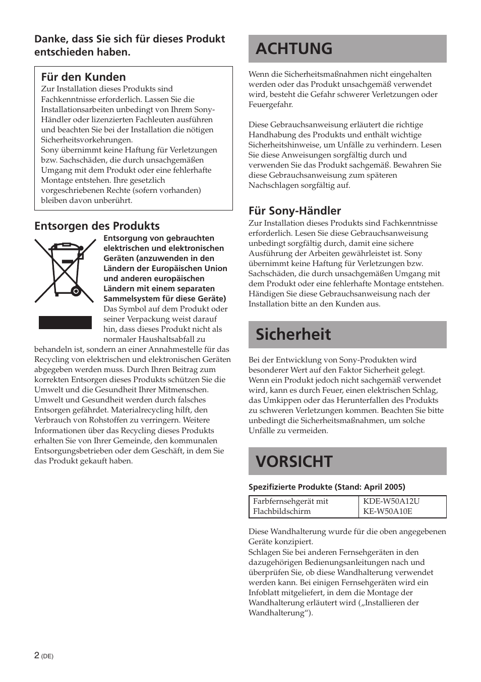 De [deutsch, Achtung, Sicherheit | Vorsicht | Sony SU-PW3M User Manual | Page 18 / 116