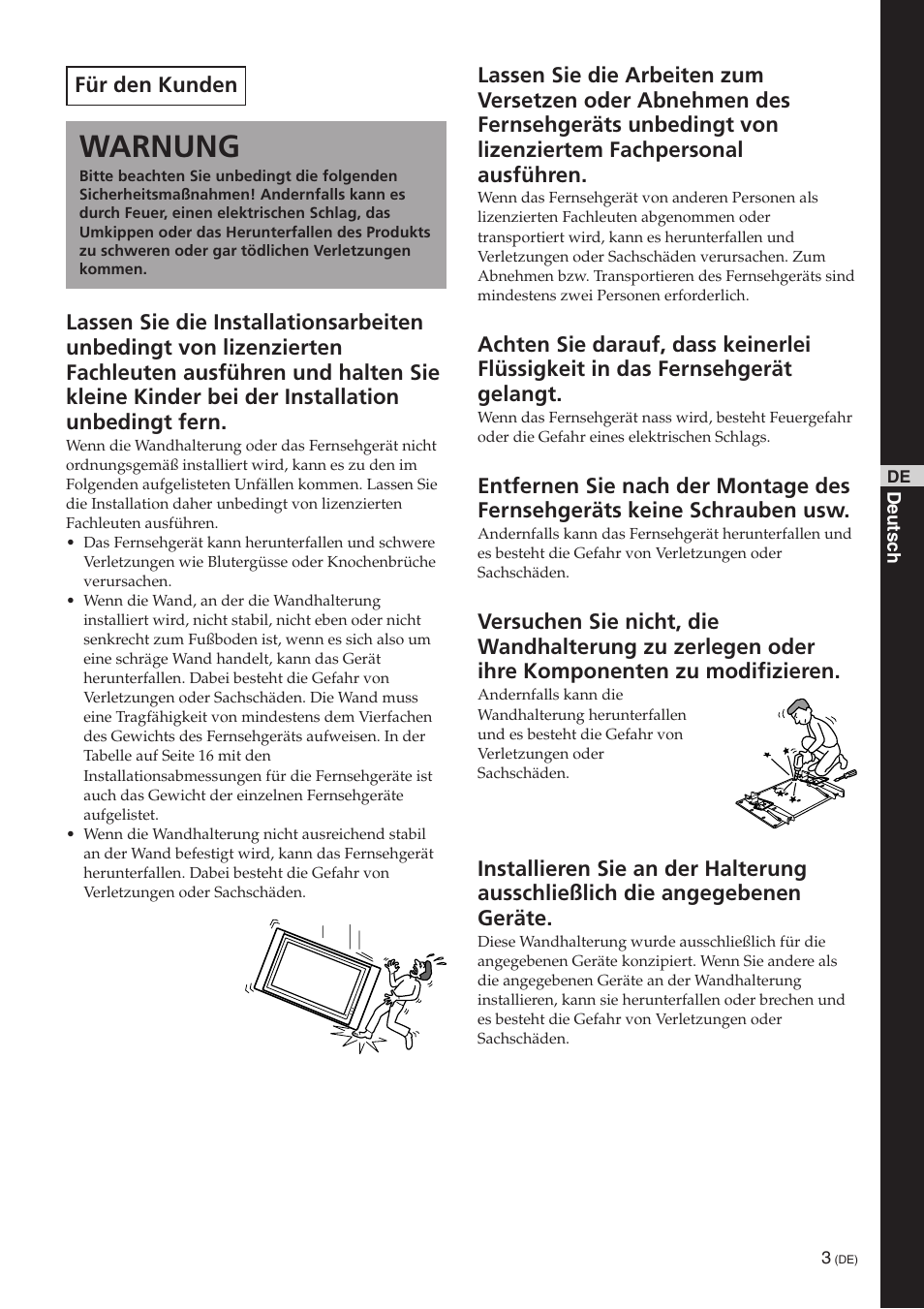 Warnung, Für den kunden | Sony SU-PW3M User Manual | Page 19 / 116