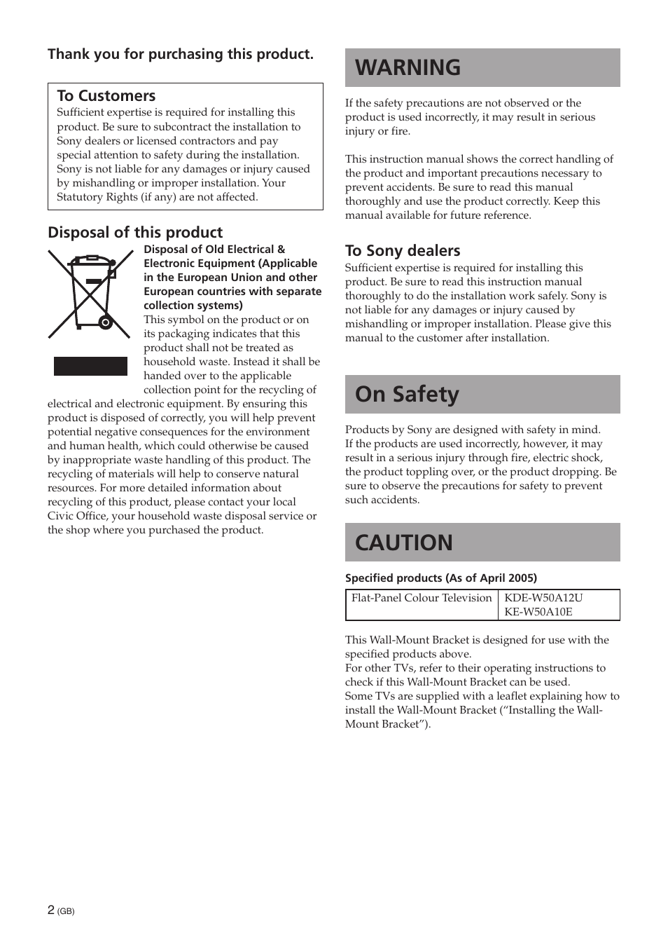 Gb [english, Warning, On safety | Caution | Sony SU-PW3M User Manual | Page 2 / 116