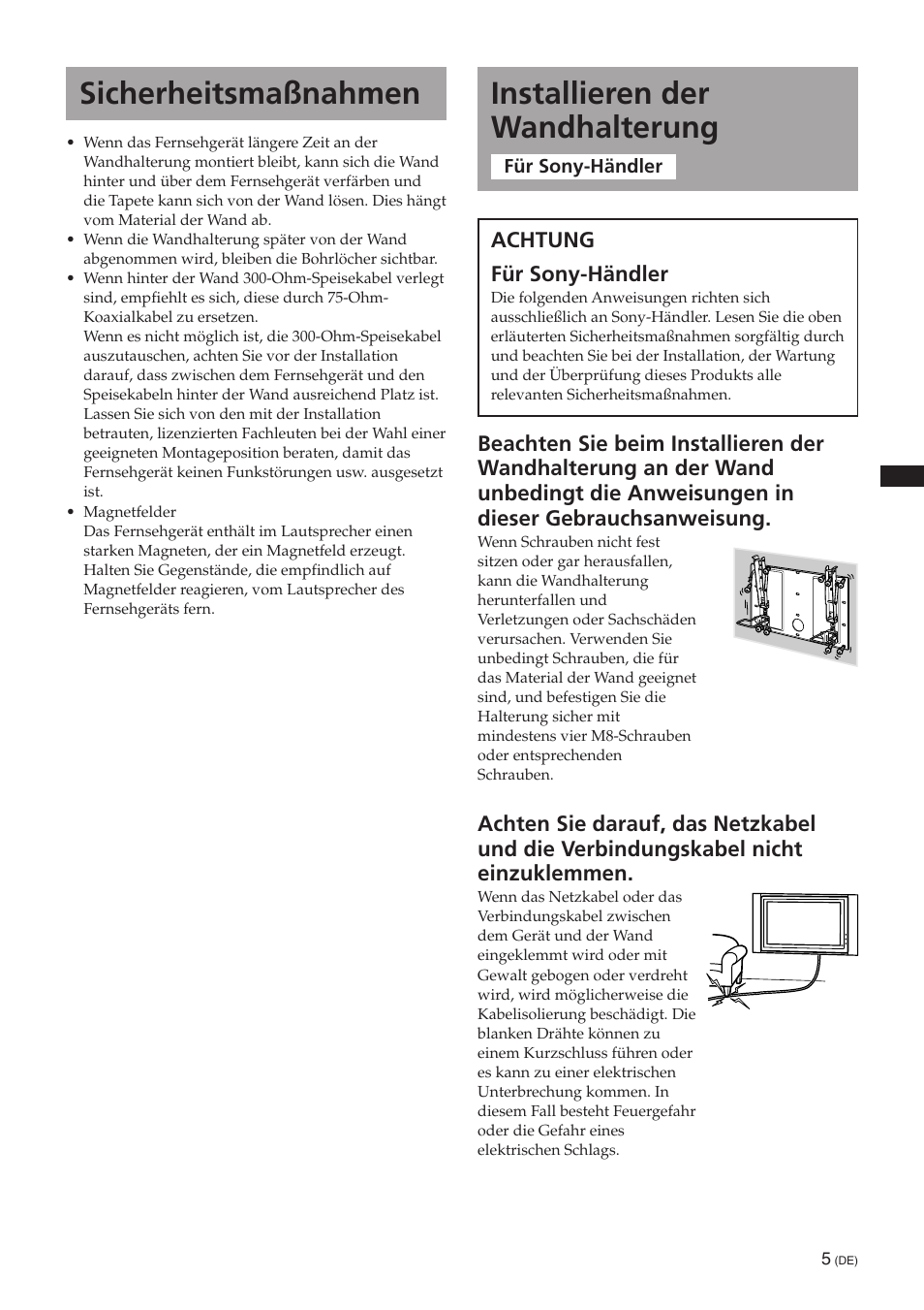 Installieren der wandhalterung, Sicherheitsmaßnahmen | Sony SU-PW3M User Manual | Page 21 / 116