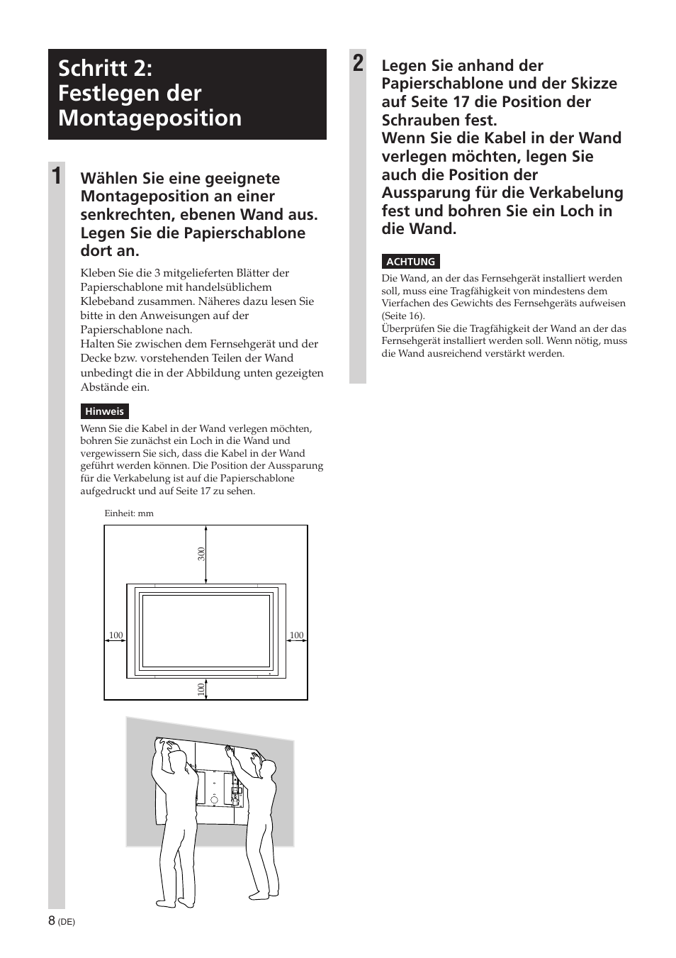 Schritt 2: festlegen der montageposition, Schritt 2: festlegen der montageposition 1 | Sony SU-PW3M User Manual | Page 24 / 116