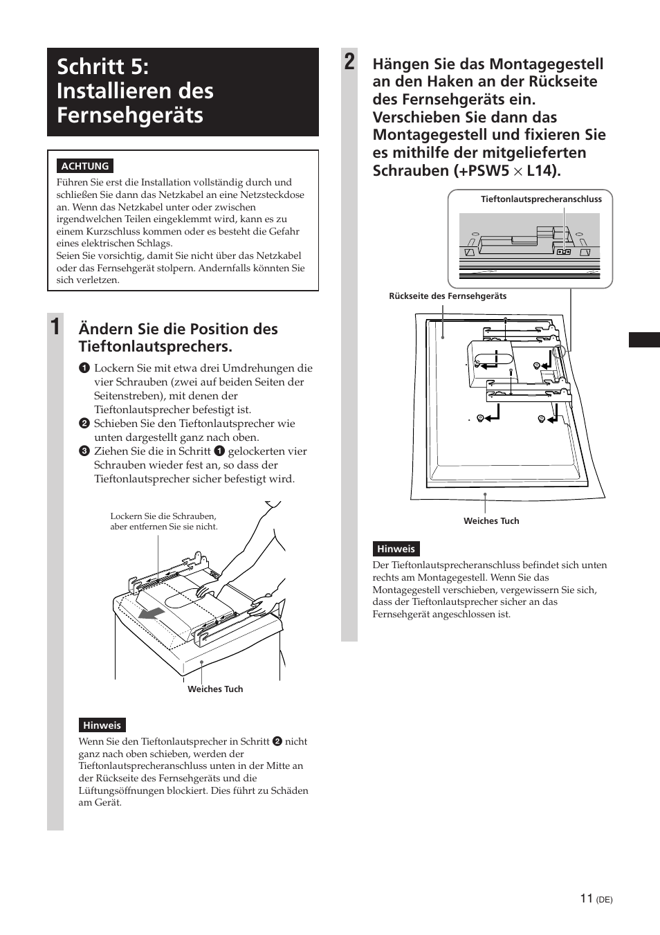 Schritt 5: installieren des fernsehgeräts, Ändern sie die position des tieftonlautsprechers | Sony SU-PW3M User Manual | Page 27 / 116