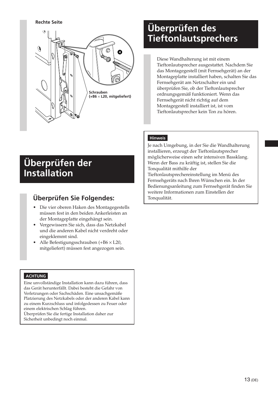 Überprüfen der installation, Überprüfen des tieftonlautsprechers, Überprüfen sie folgendes | Sony SU-PW3M User Manual | Page 29 / 116