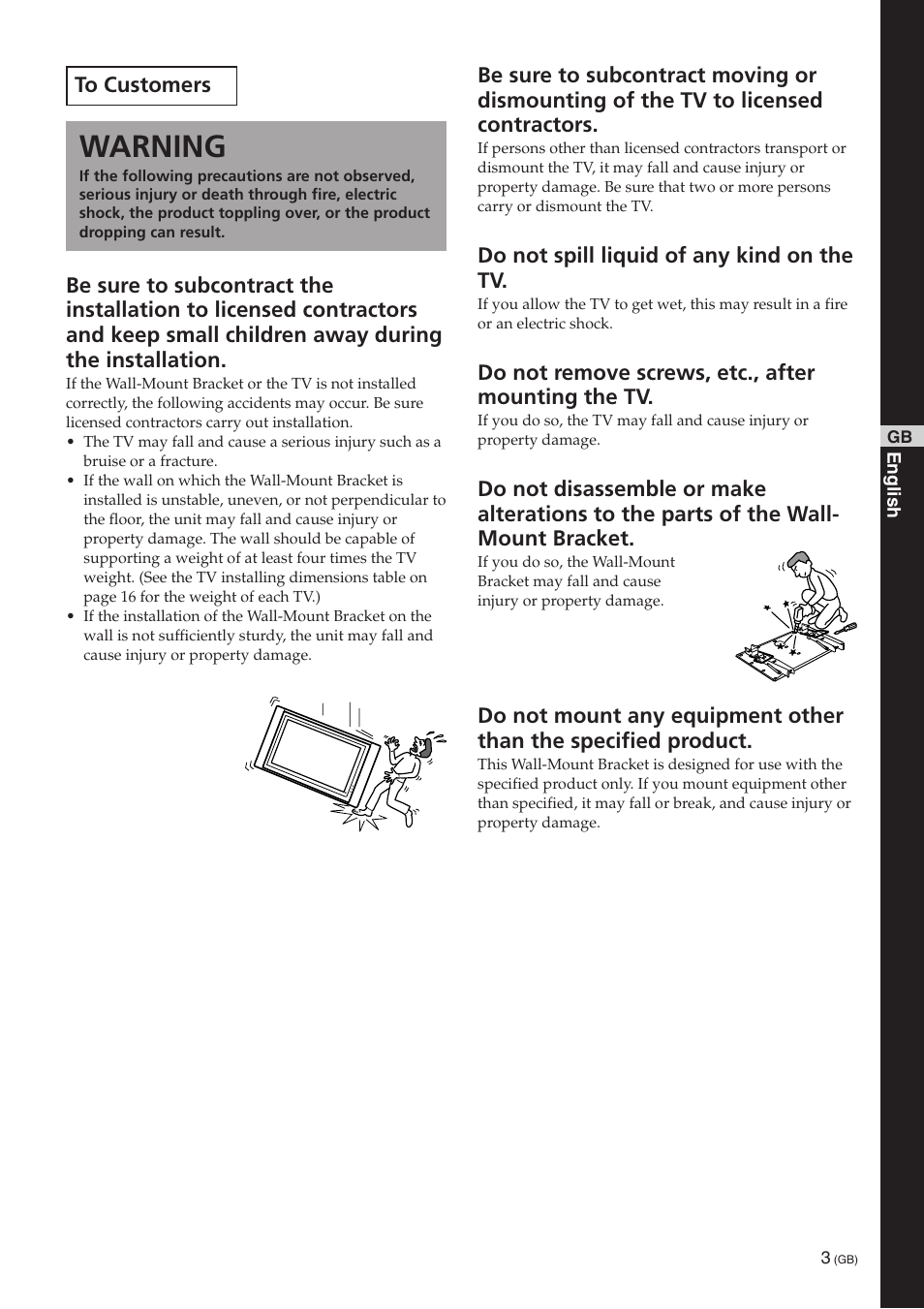 Warning, Do not spill liquid of any kind on the tv, Do not remove screws, etc., after mounting the tv | Sony SU-PW3M User Manual | Page 3 / 116