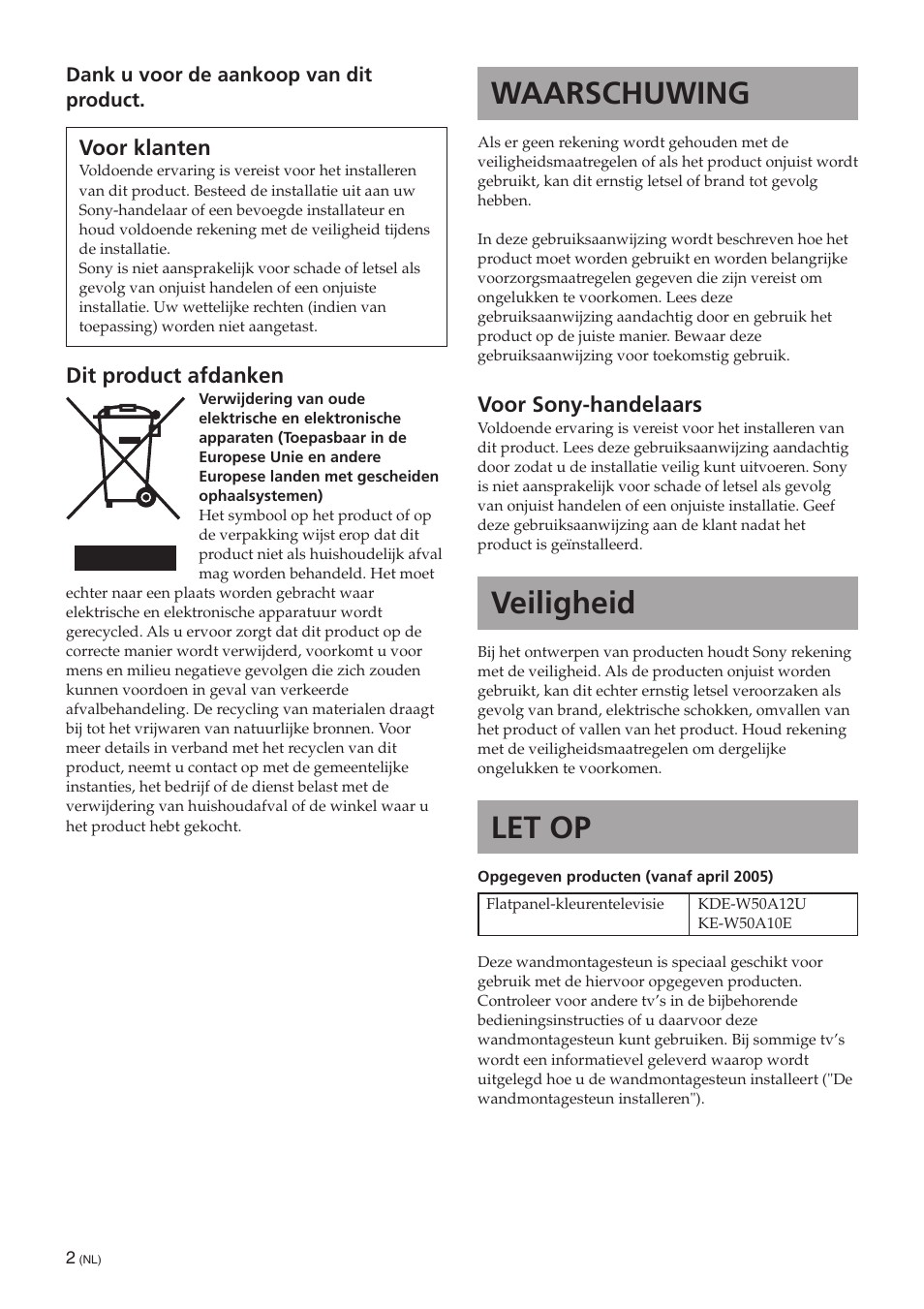 Nl [nederlands, Waarschuwing, Veiligheid | Let op | Sony SU-PW3M User Manual | Page 34 / 116